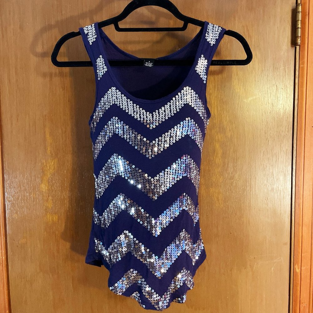 Silver Sequins on Navy Tank Top - sz S